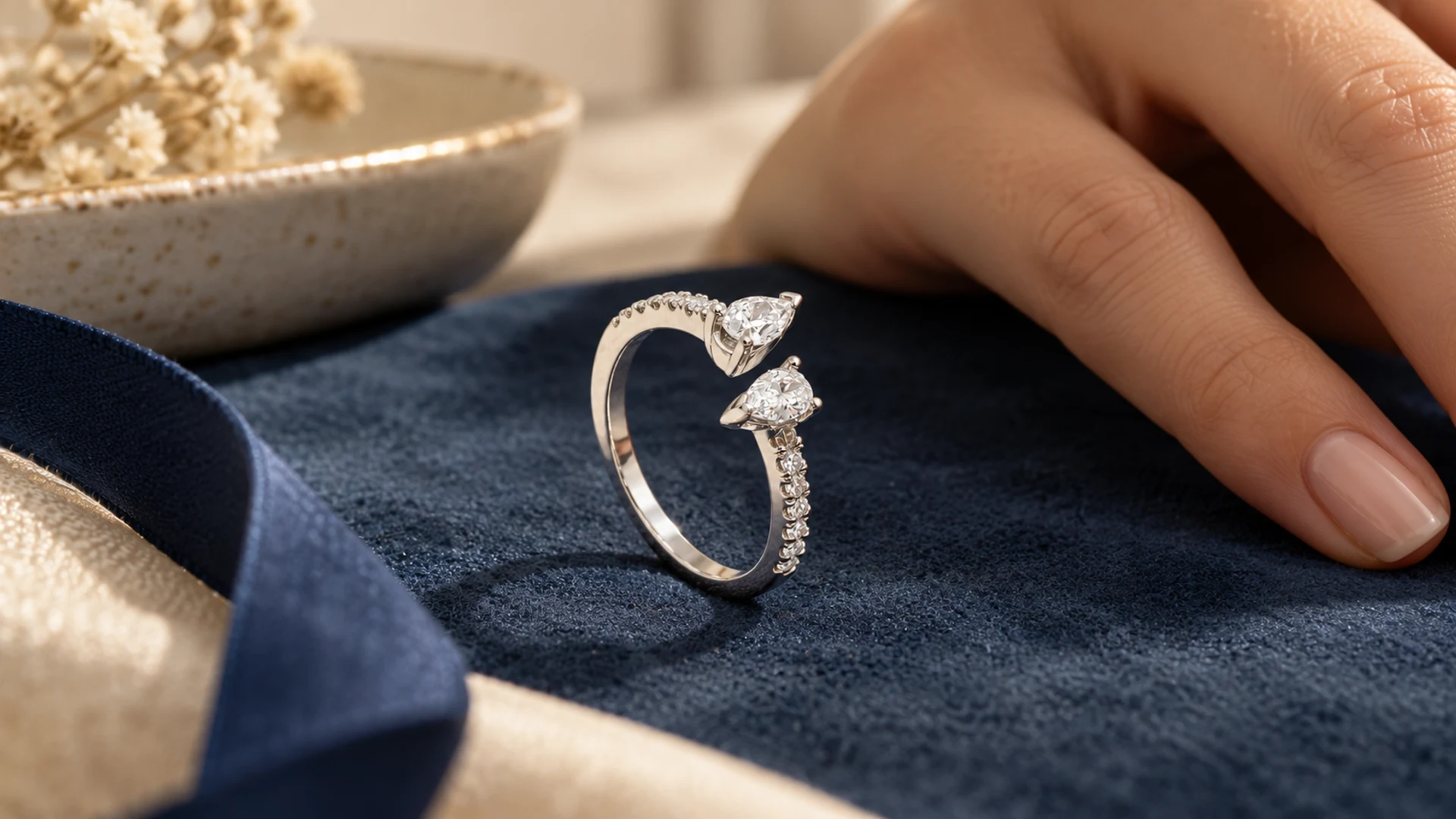 Anillo abierto con motivos de lágrima. Los extremos luminosos se orientan en sentidos opuestos.