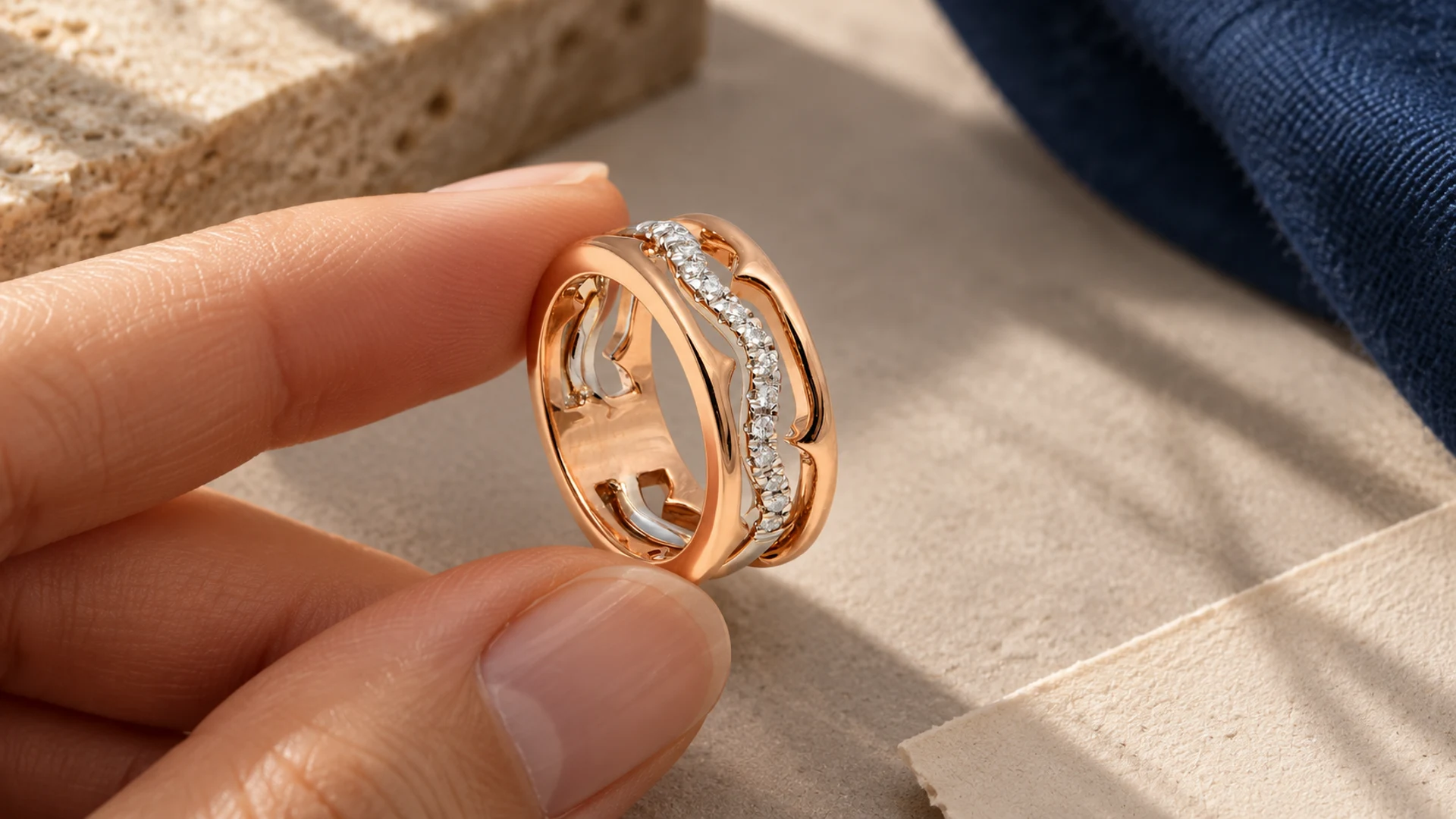 Anillo de curvas caladas y destellos. Los huecos del frente permiten seguir el recorrido de las bandas.