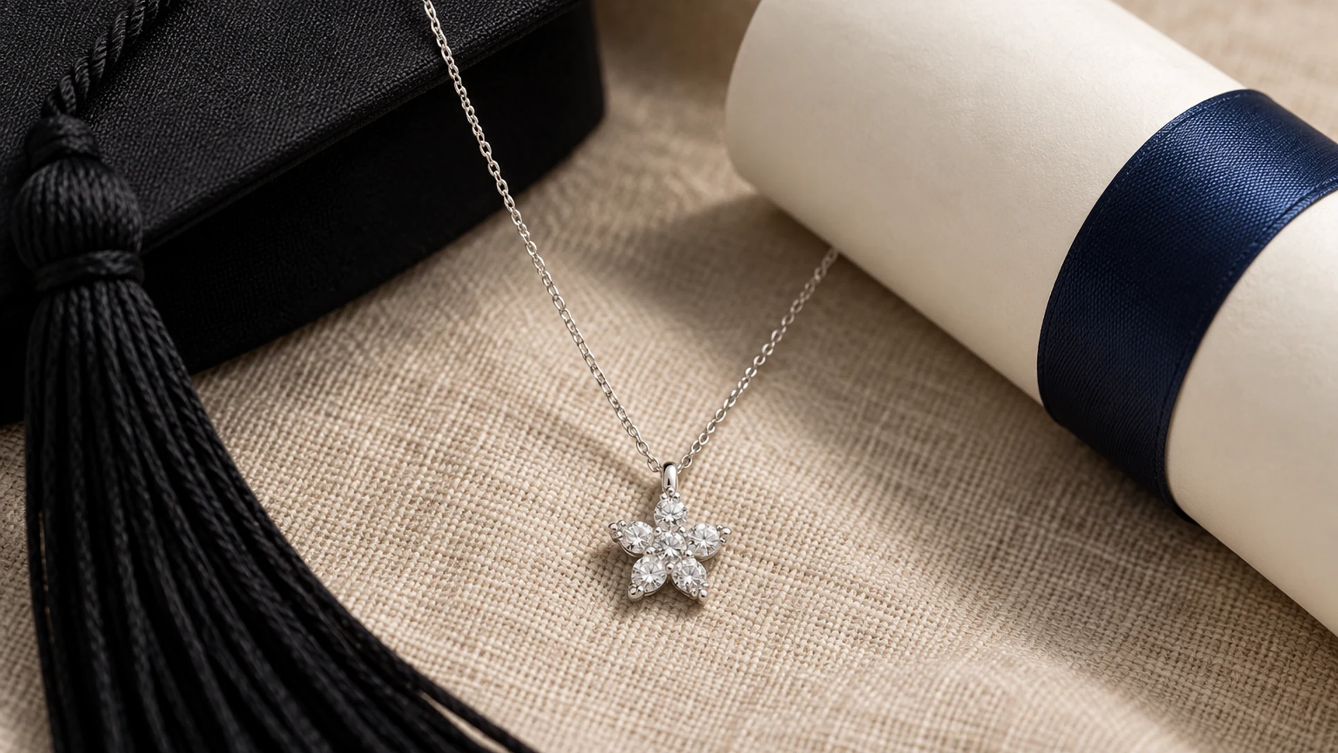 Colgante de estrella luminosa. Las piedras incoloras recorren las puntas del motivo.