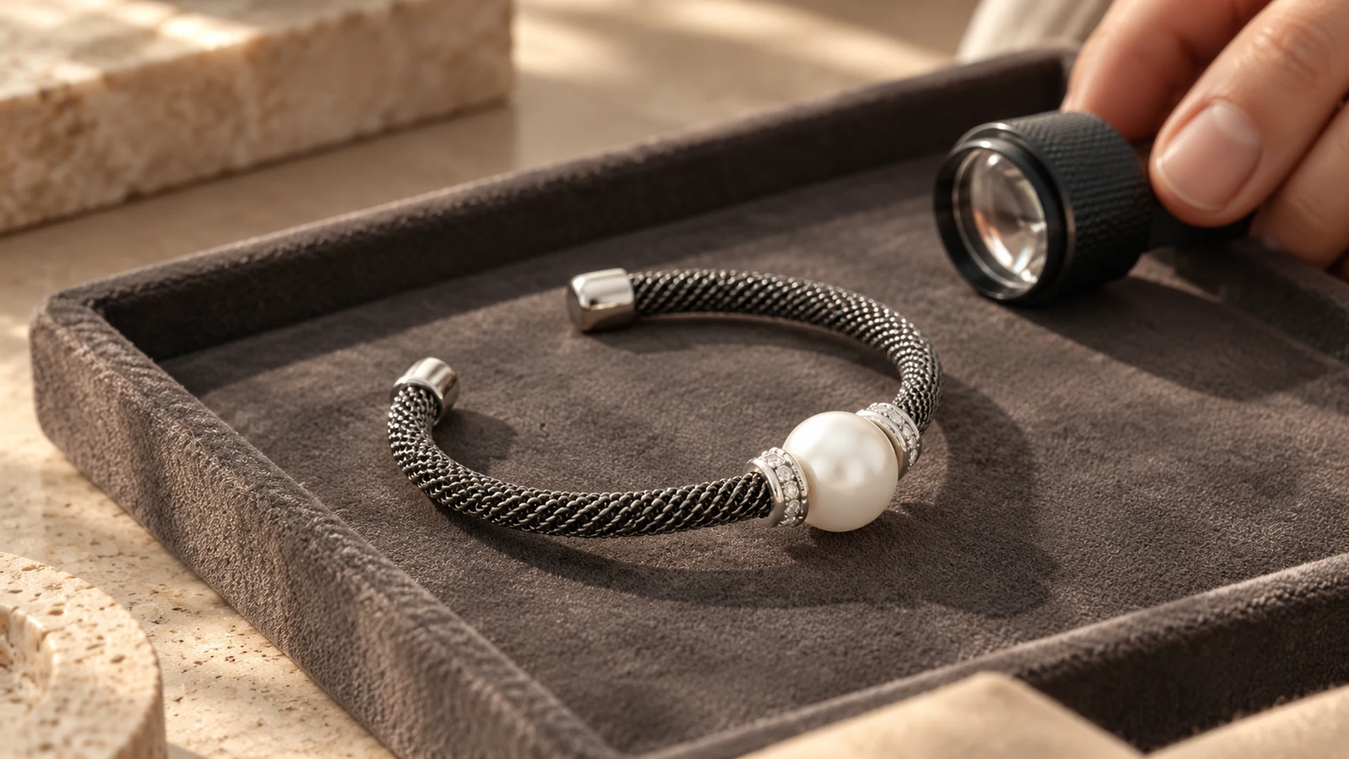 Pulsera de acero con centro nacarado. El detalle redondo queda entre dos bandas decorativas de tono plateado.