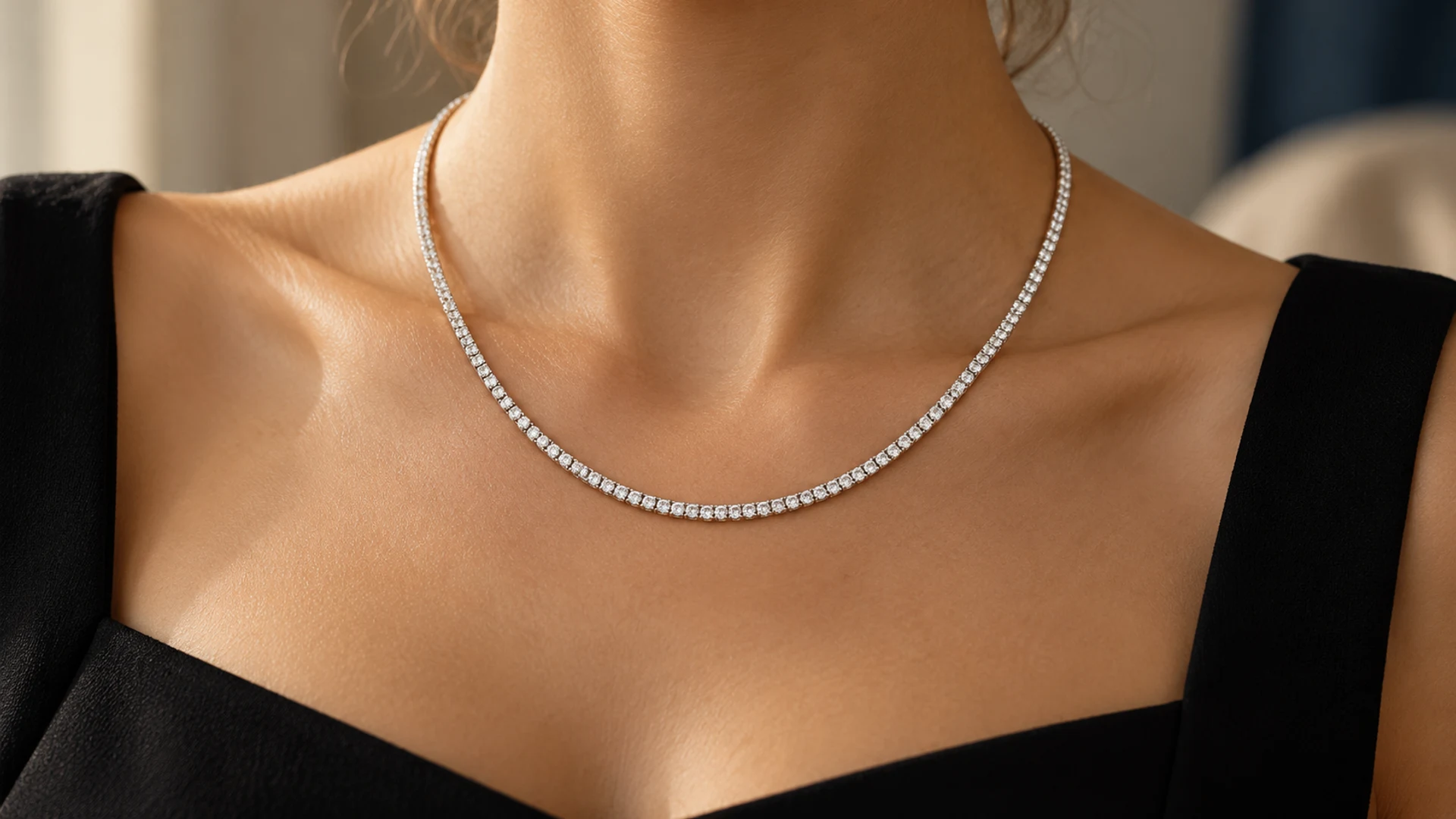Collar rivière de contorno fino. Las pequeñas piedras incoloras se suceden a lo largo del tramo visible.