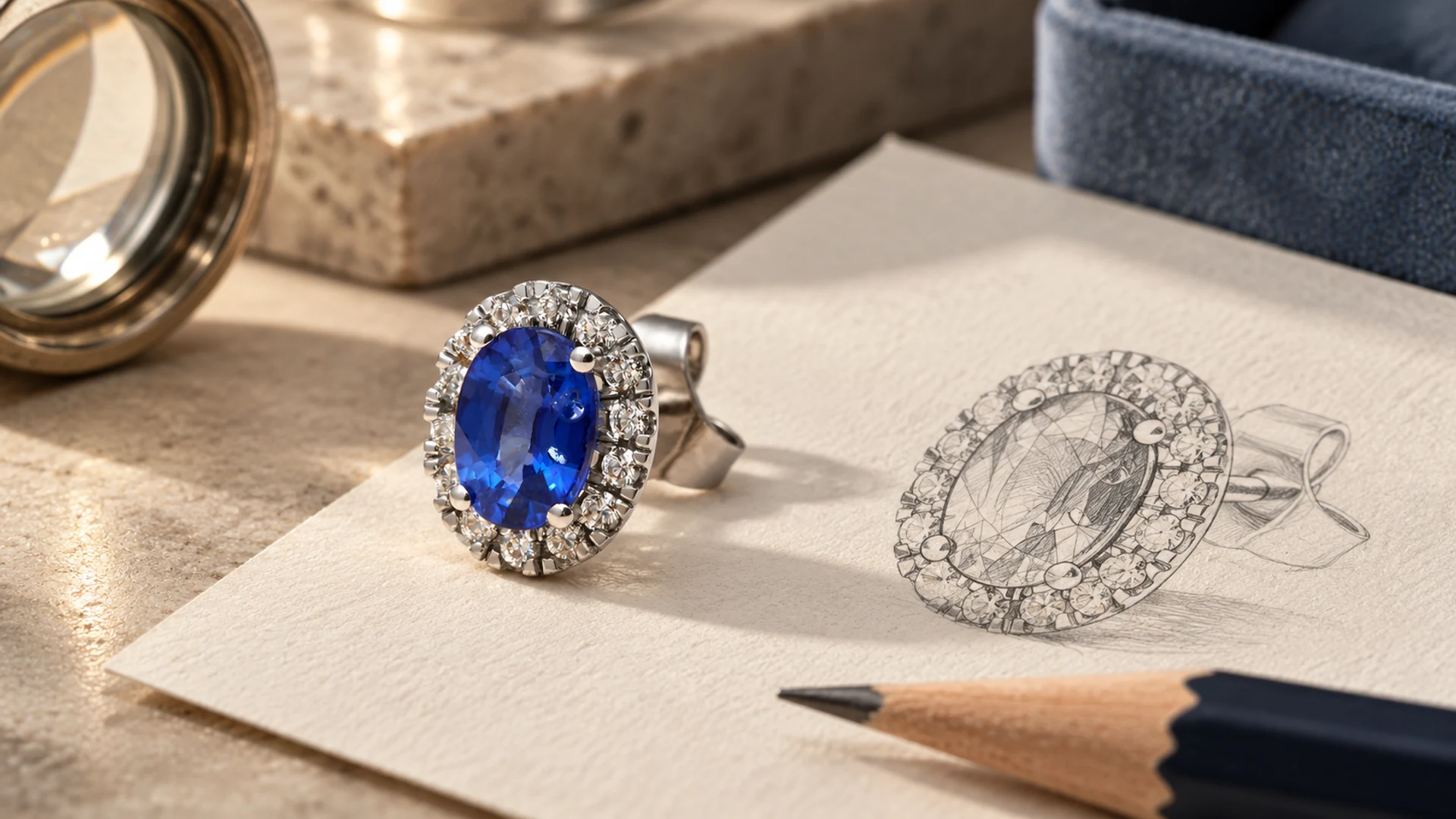 Pendientes de centro azul oval y halo. Las piedras incoloras del contorno se presentan en monturas visibles.